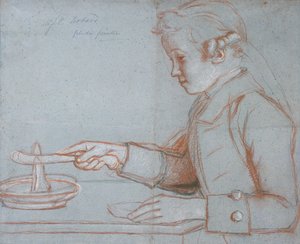 Jean Etienne Liotard, kunstnerens søn til morgenmad, ca. 1770 (rød, sort og hvid kridt på blåt papir) af Jean Étienne Liotard