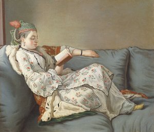 La Sultane Lisant", En dame i tyrkisk kostume læser på en divan, af Jean Étienne Liotard