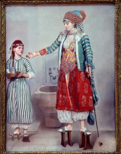 Orientalisme: "" Franco-dame klædt med tyrkeren og hendes slave"" De to kvinder bærer træplatforme, der bruges i hammam. Pastelmaleri af Jean Etienne Liotard (1702-1789) 1742 Dim. 0,71 x 0,53 m Geneve, musee d