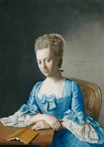 Portrait of Grace, grevinde af Clanbrassil, født Foley, halvlængde, i en blå kjole, siddende ved et bord, hendes hænder krydset, 1774 af Jean Étienne Liotard