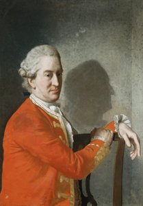 Portræt af James Hamilton, 2. jarl af Clanbrassil, halvlængde, i en rød frakke, siddende i en mahognistol, hans profil støbt i skygger på væggen bagved, 1774 af Jean Étienne Liotard
