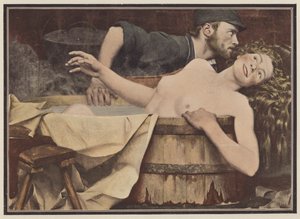 Efter vask, kvinde i et badekar (farve litho)