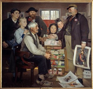 Baker propaganda scene. En bager forsøger at overbevise en gammel landmand om at deltage i festen. Maleri af Eugene Buland (1852-1927)
