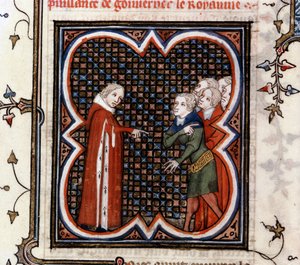 Etienne Marcel, en prevot af købmændene i Paris, bedt af kong Johannes II den Gode (1319-1364) af Frankrig om at respektere "Grande Ordonance" fra 1357 og bebrejdede hans adfærd, i "The Great Chronicles of France" af Jean Fouquet (1420-1481), ca. 1460 af Jean Fouquet