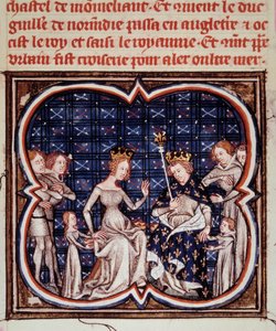 Konge af Frankrig Philip I (1052-1108) med sin hustru Berthe af Hollande og deres børn Constance af Frankrig (1078-1125) og Louis VI (1081-1137) Miniature fra "" Les grandes chronicles de France"" (ms. fr) 2813 fol. 182) 1375-1380 Paris, B.N. af Jean Fouquet
