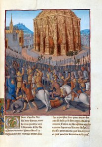 Le siege de Jerusalem par le roi de Babylone Nebuchadnezzar II (604-562 før JC) - Belejring af Jerusalem af Nebukadnezzar II. Illustration i Flavius ​​​​Josephus "Jødernes antikviteter" (Antiquitatum Judaicarum) af Fouquet, Jean (1420-1481). Gouache på pa af Jean Fouquet
