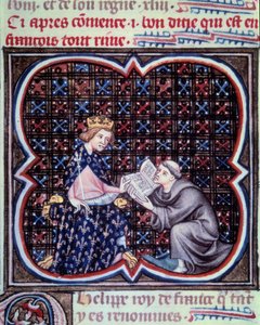 Primat præsenterer teksten til Frankrigs store krøniker for Filip III (1245-1285). Miniature fra manuskriptet af Jean Fouquet (1420 - 1481) "" Grandes Chronicles de France"". Paris. B N af Jean Fouquet