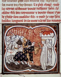 Dronning Constance af Arles (986-1032) overgiver sig til sin søn Henrik I, konge af Frankrig (1008-1060) Miniature fra "" Les grandes chronicles de France"" af Jean Fouquet (1420-1481) 1400-tallets Paris, B.N. af Jean Fouquet