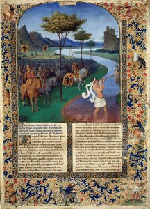 Rubicons passage af Jules Cesar Den romerske general Jules Cesar krydsede Rubicon den 11/01/49 f.Kr., som udgør adskillelsen mellem Cisalpine Gallien og Italien. Miniature fra "" oldtidens historie til Cesar og romernes fakta"" af Jean Fouquet ( af Jean Fouquet