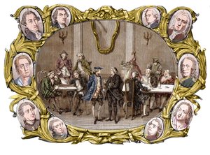 Paris - Cafeen "" Procope"" i det 18. århundrede fra højre mod venstre, i medaljonerne, Georges Louis Leclerc, Comte de Buffon, Nicolas Joseph Florent Gilbert, Denis Diderot, Jean le Rond d