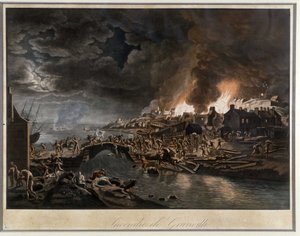 Granville i flammer belejret af vendéanerne, baseret på maleri af J. François Hue, ca. 1800. af Jean Francois Hue
