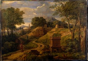 Klassisk landskab med en kvinde, der bærer et barn, ca. 1650-75 (olie på lærred)