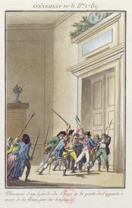 En hob af parisere angriber og dræber vagten ved indgangen til dronningens lejligheder i Versailles 6. oktober 1789 af Jean Francois Janinet