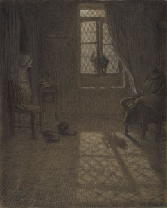 Le chat eller The Cat at the Window, 1857-58 (conté farveblyant og pastel med stumping og blanding, fastgjort på vævet papir) af Jean Francois Millet