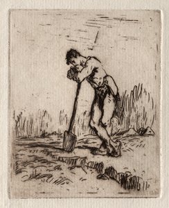 Mand læner sig op ad en spade af Jean-Francois Millet