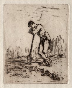 Mand læner sig op ad en spade. af Jean Francois Millet