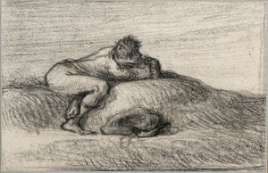 Mand, der sidder på hug på en bakke, 1848-1850 af Jean Francois Millet