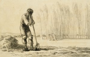 Bonde læner sig op af en højgaffel, af Jean Francois Millet