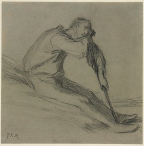 Siddende bonde hvilende på en hakke. af Jean Francois Millet