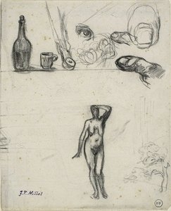 Skitseark: Stående nøgen kvinde, træ, stilleben, fingre og øje af Jean Francois Millet