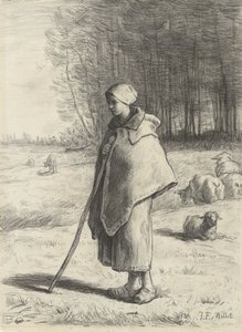 Hyrdinde, 1860-69 (kridt på papir) af Jean Francois Millet