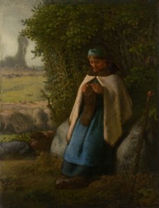 Hyrdinde siddende på en klippe, 1856. af Jean Francois Millet