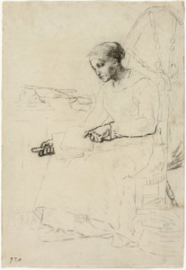 Uldkarderen (recto); Fragmentarisk skitse af mand stående ved hegn (verso) af Jean Francois Millet
