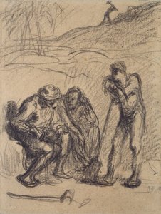 Tre bønder hviler, den ene læner sig op ad en spade, c1850-1851 af Jean Francois Millet