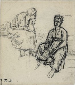 To Studier af en siddende Bondekone (recto); Studie af en ung pige iført hat (verso) af Jean-Francois Millet
