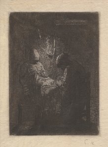 Two Women Sewing by Lamplight, ca. 1853. af Jean Francois Millet