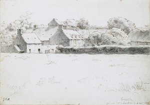 Udsigt over landbrugsbygninger på tværs af en mark, 1871 (grafit med sort kridt, pen og blæk og farveblyant på papir) af Jean Francois Millet