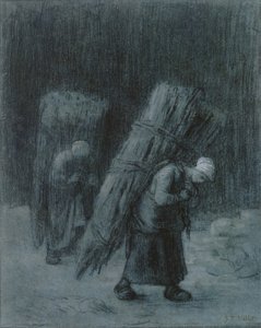 Kvinder, der bærer kviste, ca. 1858 (kul forhøjet med hvid gouache, trækulskant, på tungt lagt gråblåt papir) af Jean Francois Millet