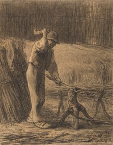 Træskærer trimning kviste, 1853-54 (conté farveblyant med stumping på beige lagt papir) af Jean Francois Millet