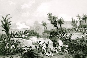 Sort oprør i Santo Domingo, 16. september 1802, fra "Histoire Universelle du XIXe siecle", efter Martinet af Jean Francois Pourvoyeur