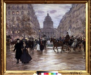 ""Boulevard Saint Michel"" Udsigt over Rue Soufflot og Pantheon fra Luxembourg-haven og Boulevard Saint-Michel i Paris, førerhuse og elegante par opliver gaden ved mørkets frembrud. Maleri af Jean Francois Raffaelli (18 af Jean Francois Raffaelli