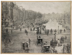 Paris, Place de Saint Michel med Quai des Grands Augustins og Pont Saint Michel i forgrunden og Pont Neuf og Louvre i baggrunden, ca. 1900 af Jean Francois Raffaelli