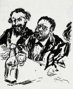 Maleren Edouard Manet (1832-1883) og forfatteren Emile Zola (1840-1902) ved bordet Karikatur af Jean Francois Raffaelli (1850-1924) af Jean Francois Raffaelli