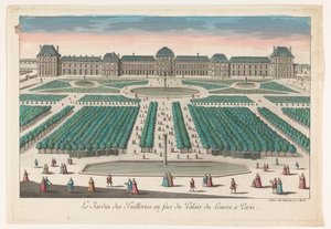 Udsigt over Jardin des Tuileries i Paris set mod Palais du Louvre Le Jardin des Tuilleries en face du Palais du Louvre i Paris (titel på objektet)