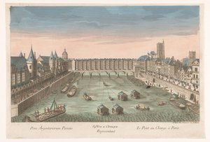 Udsigt over den bebyggede Pont au Change over Seinen i Paris 84. Vue d