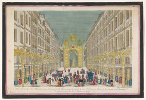 Udsigt over udsmykningen af ​​Rue de la Feronnerie i Paris i anledning af restaureringen af ​​Louis XV, konge af Frankrig, i 1745 Vue perspective des illuminations de la Ruë de la Feronnerie du côté de la Ruë St. Denis a Paris (...) (titel på o