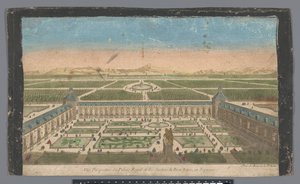 Udsigt over haven og Palacio del Buen Retiro i Madrid Vüe ​​​​perspective du Palais Royal et des Jardins du Buen Retiro, en Espagne (titel på objekt) af Jean François Daumont