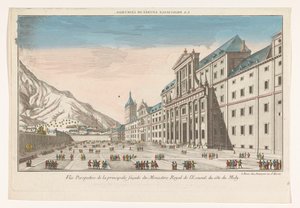 Udsigt over El Escorial-klosterkomplekset nær byen Madrid, set fra sydsiden Hovedindgangen til l