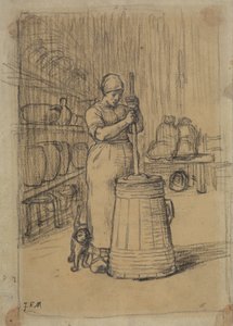 Undersøgelse af en kvinde, der kærner smør af Jean Francois Millet