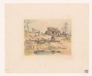 Landskab med mand og æsel ved hytte La cabane du chiffonnier af Jean François Raffaëlli (signed by artist)