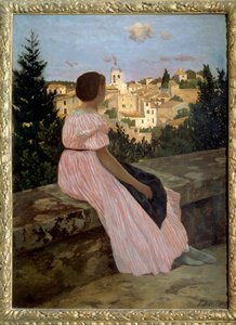 Pink kjole eller udsigt over Castelnau le Lez (eller Castelnau-le-Lez, Herault). Portræt af kunstnerens niece, Therese des Hours. Maleri af Jean Frederic Bazille (1841-1870) 1864 søn. 1,4x1,1 m. Olie på lærred. Paris, musee d