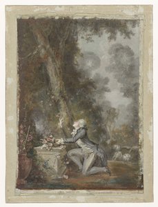 Ung mand knæler ved et kærlighedens alter i en have af Jean Frederic Schall