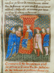 Den engelske kong Edward III sidder på sin trone, klædt i en tunika med engelske og franske emblemer, og lytter til en tale af Robert af Artois ...