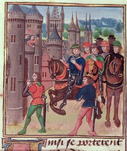 Roy 18 E II f.390 Henry Bolingbroke (Henry IV) kommer ind i London, henrettet for Edward IV, fra bind IV (dækker perioden fra 1389-1400), af Jehan Froissart, ca. 1460-80