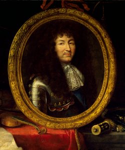 Portræt af Louis XIV, konge af Frankrig (1638-1715), protektor for kunst og videnskab Portrættet af kongen er omgivet af musikinstrumenter (viola de gamba, violinguitar) og videnskabelige instrumenter (firkant, himmelglob, kompas). Detalje. Maler af af Jean Garnier