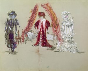 Scenedesign med figurer til premieren af Jean Giraudox